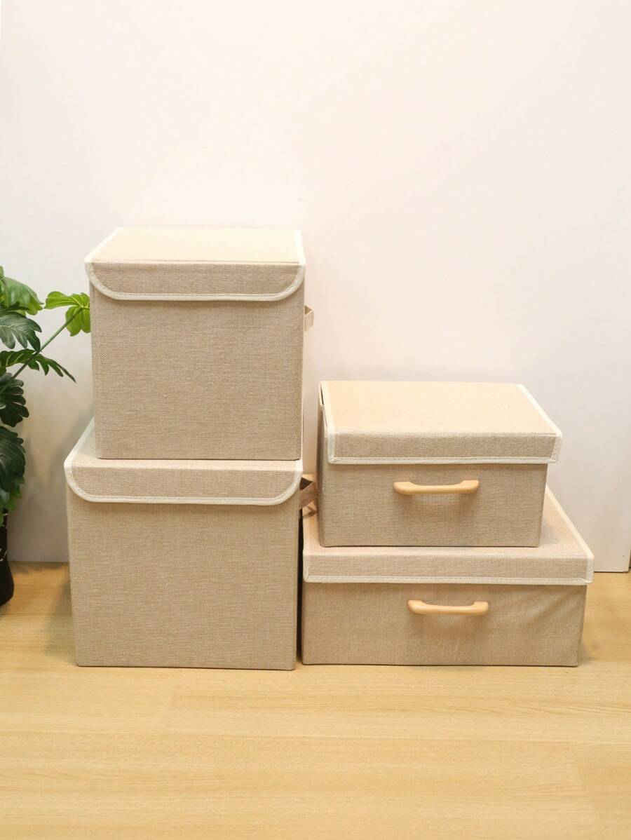 1 件纯色优质亚麻可折叠衣物收纳盒、衣柜整理盒、织物收纳箱、M/XL 尺寸，带前木手柄，方便抓取、抽屉式木手柄收纳盒、带双侧手柄，方便携带、大容量衣柜整理收纳盒 - 卡其色 - 查看 1