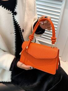 1pc Orange Winter New Retro Plain Woven Pattern Ladies' Handbag, Suitable For Daily Use, Dating And Gifting - Orange - View 2