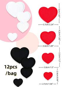 12入組卡通風格黑、白、紅色愛心設計刺繡貼片,可熨燙或縫在衣服、鞋子、包包、牛仔褲、夾克等上進行diy工藝創作 - 彩色 - 查看 2