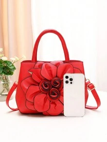 典雅花卉裝飾手提包,時尚上提桿手提包,女性休閒手袋,肩背包和錢包,新年和春節風格的女士復古包款,適合任何場合 - 紅色 - 查看 7
