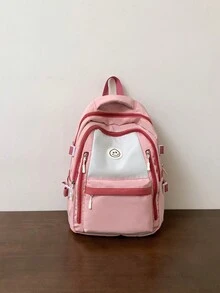 新款時尚男女通用背包,大容量,配色多樣化的笑臉設計,適用於學校、工作和旅行,書包,輕便背包,戶外情人節禮物 - 粉色 - 查看 2