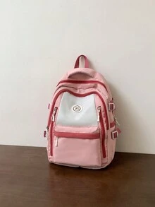 新款時尚男女通用背包,大容量,配色多樣化的笑臉設計,適用於學校、工作和旅行,書包,輕便背包,戶外情人節禮物 - 粉色 - 查看 3