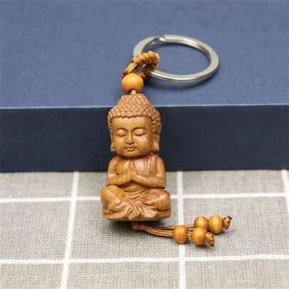 1pc Mahogany 3D Engraving Key Chain Buddha Pendant Key Ring Jewelry Car Accessories Bag Charm Backpack For School Cute Goth Y2k