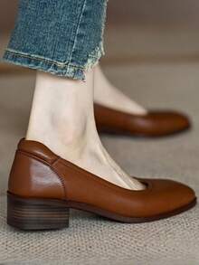 女士低跟鞋，新款夏秋簡約法式復古磨色圓頭粗跟女鞋 - 棕色 - 查看 6