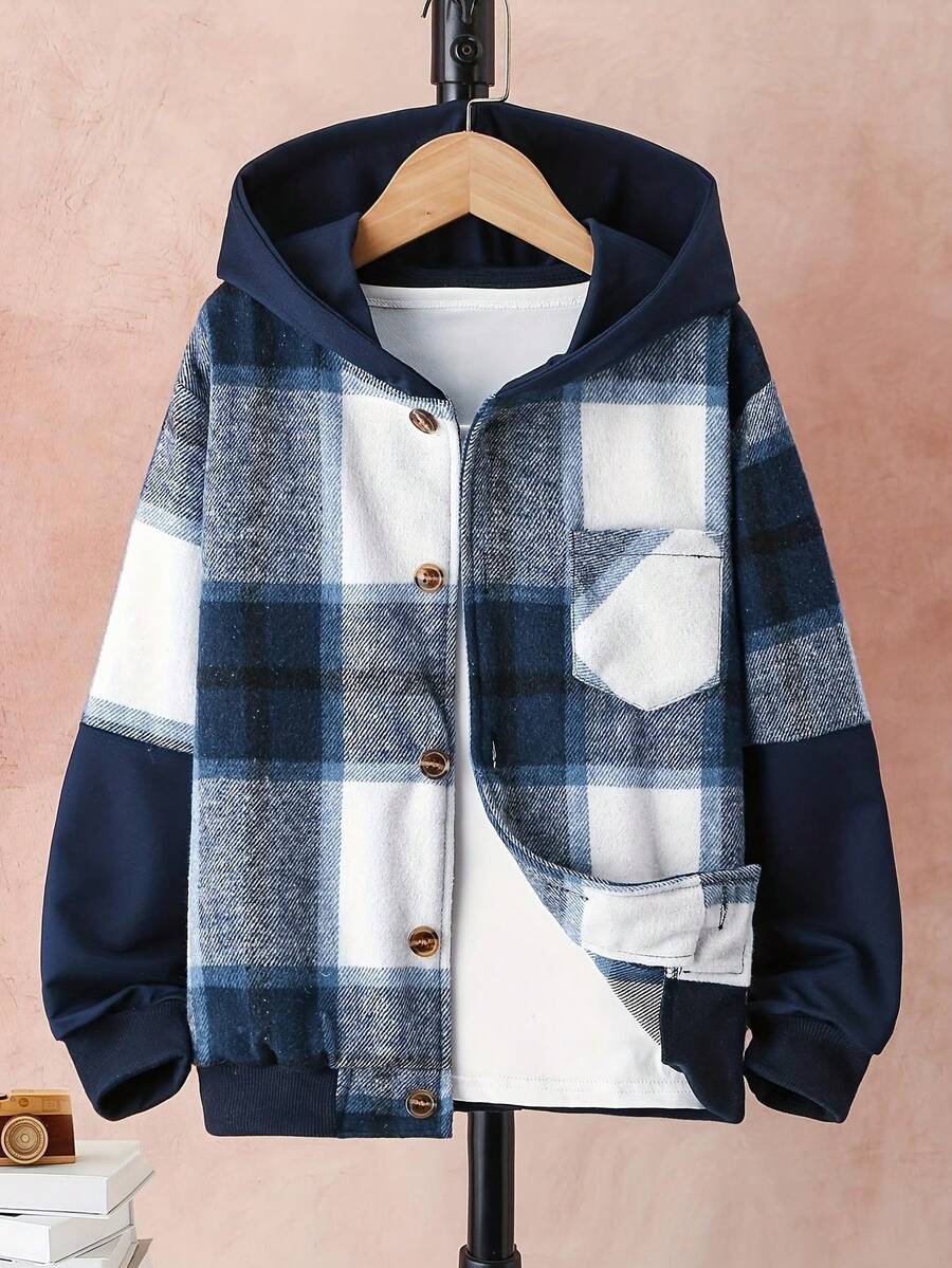 1pc Spring Casual Plaid Hooded Jacket For Tween Boys - Blue - View 1