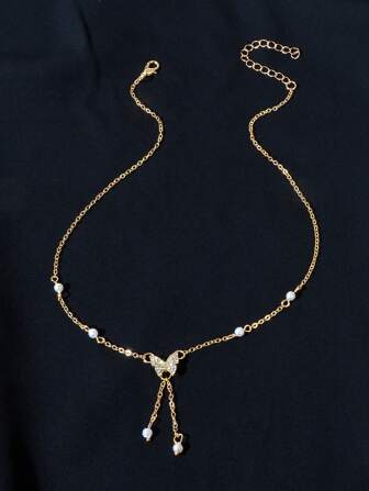 水鑽蝴蝶和人造珍珠墜飾Y字項鍊