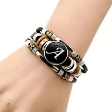 26 English Letters Bracelets, PU Leather Bangles, Retro Punk Style Handmade Multi-Layer Beaded Hand Jewelry Holiday Gift For Best Friends Accessories - Black - View 2