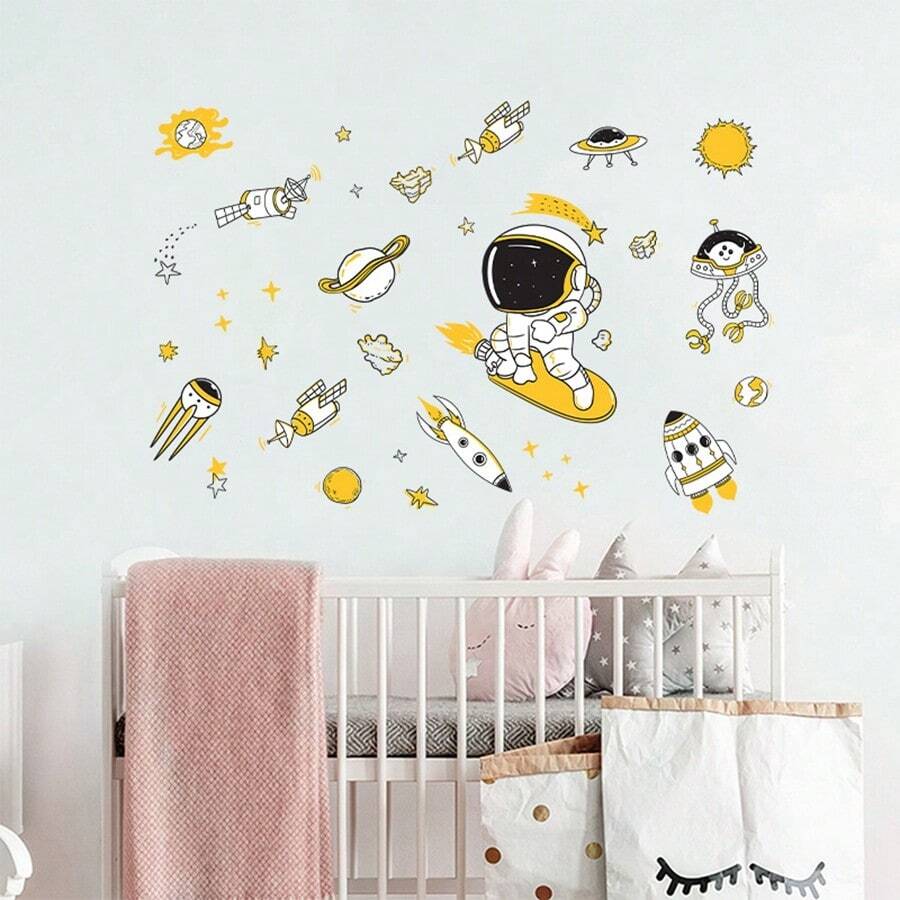 1入組MK6111卡通太空人宇宙飛船星星兒童房臥室家居牆面裝飾壁貼 - 黃色 - 查看 1