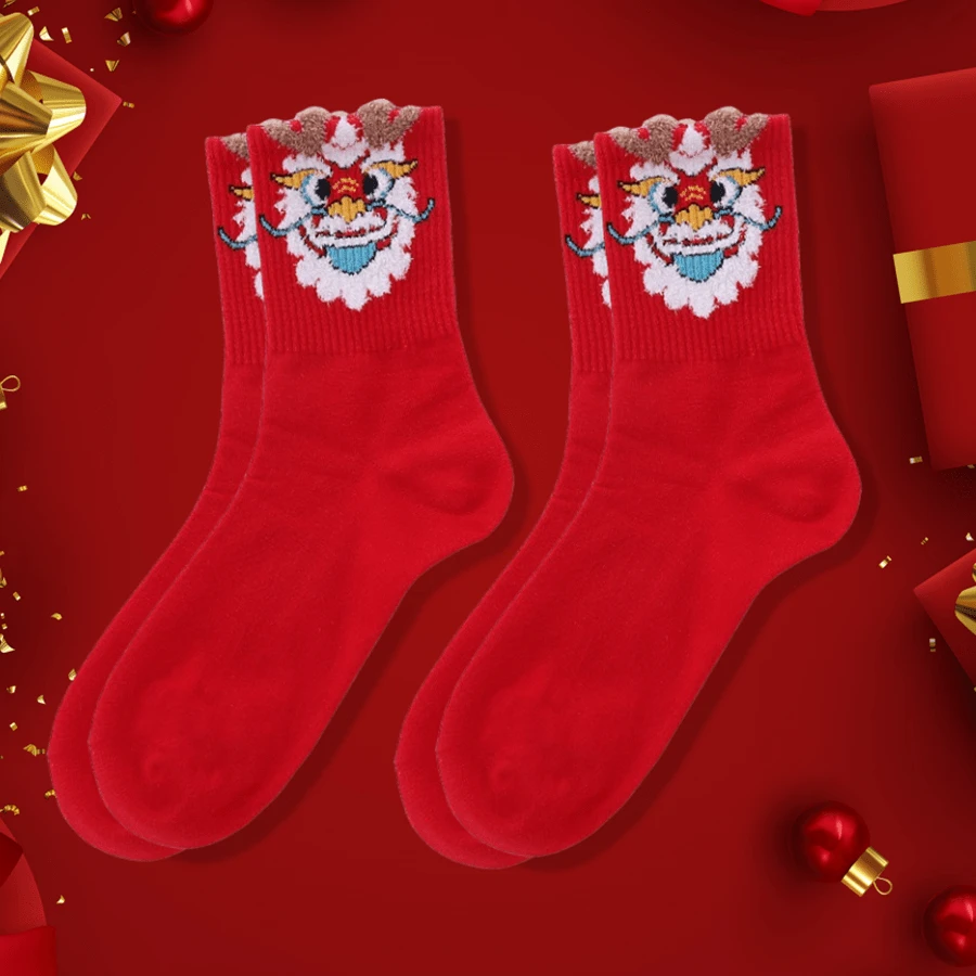 2對/組新年龍年紅色襪子,卡通刺繡人物圖案,高腰女式中筒襪 - 紅色 - 查看 1