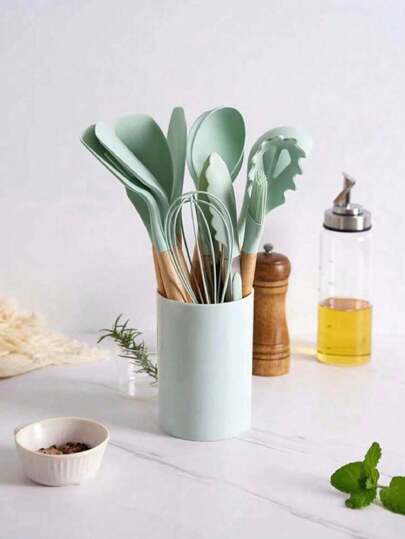 12 utensilios de cocina con cubos cubos de almacenamiento de mango de madera herramientas de cocina antideslizantes cucharas de silicona