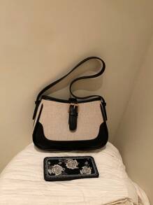 Retro Contrast Color Shoulder Bag, Niche Design Underarm Wallet, Women's Buckle Decor Crossbody Bag - Black and White - View 4