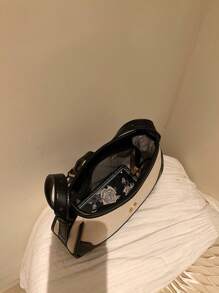 Retro Contrast Color Shoulder Bag, Niche Design Underarm Wallet, Women's Buckle Decor Crossbody Bag - Black and White - View 5