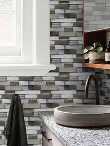 7入組復古3d磚紋牆貼紙,家用廚房浴室裝飾,防水防油 - 淺灰色 - 查看 7