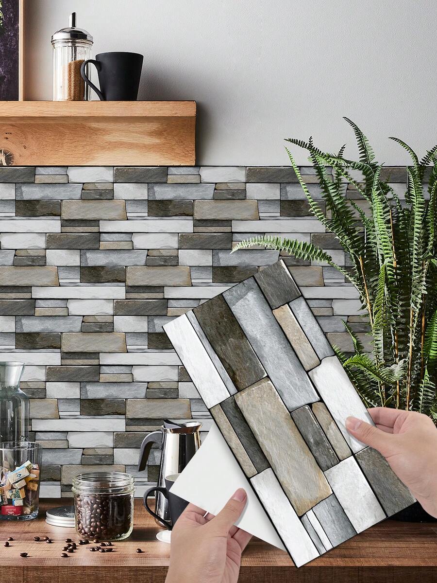 7入組復古3d磚紋牆貼紙,家用廚房浴室裝飾,防水防油 - 淺灰色 - 查看 1