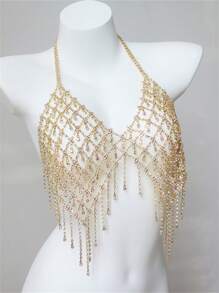 沙滩镂空水晶吊坠身体链，带流苏，女士闪亮身体饰品，适合派对和活动 - 金色 - 查看 1