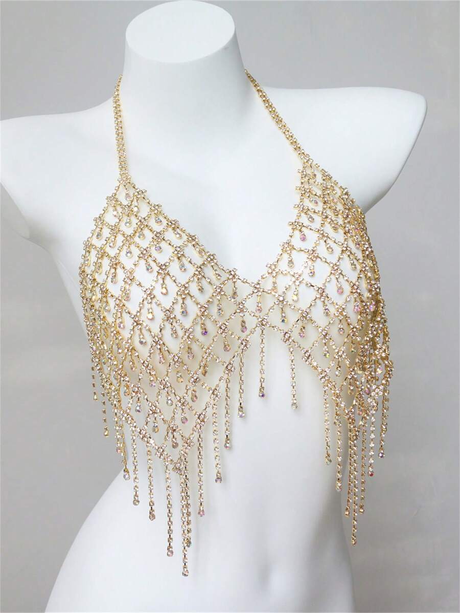 沙滩镂空水晶吊坠身体链，带流苏，女士闪亮身体饰品，适合派对和活动 - 金色 - 查看 1