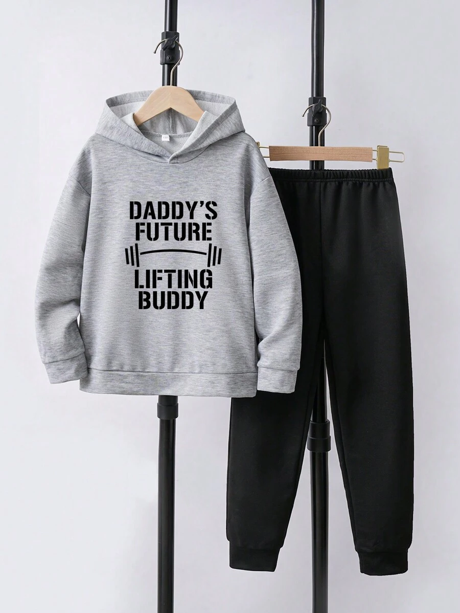 2入組青少年男孩標語印花帽t衫和運動長褲套裝 - 灰色 - 查看 1
