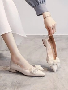 女款水晶珍珠蝴蝶結結尖頭高跟鞋,白色,適合春季/秋季,舒適粗跟/低跟/平跟鞋,優雅的一腳蹬鞋,適合日常/辦公室穿著,四季皆宜 - 米色 - 查看 2