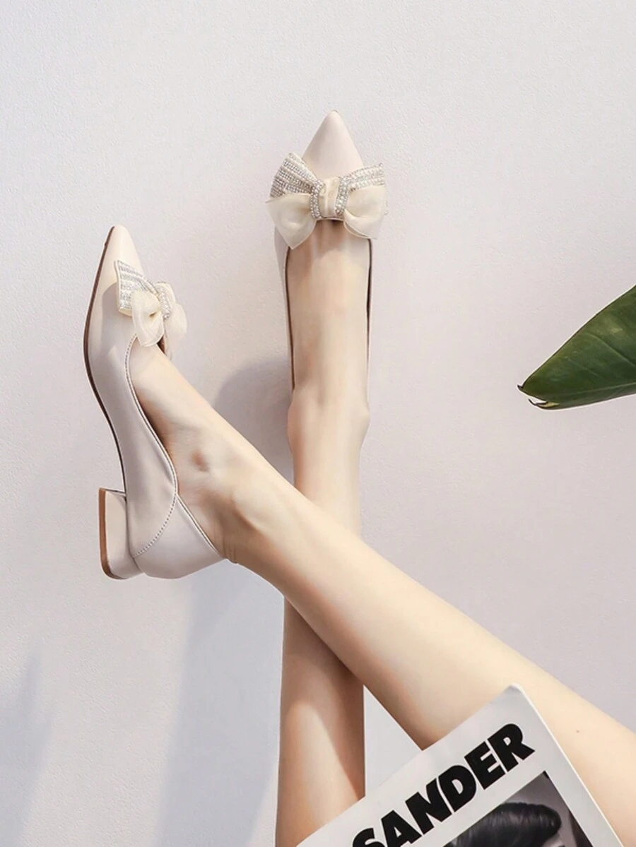 女款水晶珍珠蝴蝶結結尖頭高跟鞋,白色,適合春季/秋季,舒適粗跟/低跟/平跟鞋,優雅的一腳蹬鞋,適合日常/辦公室穿著,四季皆宜 - 米色 - 查看 1