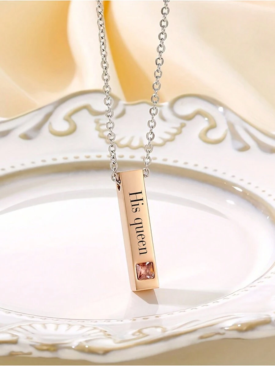 1 件定制雕刻不锈钢方形锆石吊坠项链，适合女士，是送给情侣的绝佳情人节礼物 - 玫瑰金 - 查看 1
