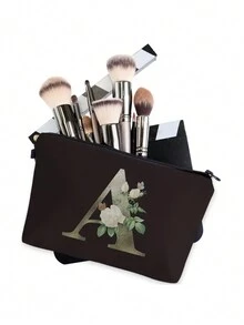 1pc Black Cosmetic Bag With 26 Gold Letters Plant And Flower Pattern, Portable Toiletry Organizer - Black - View 7
