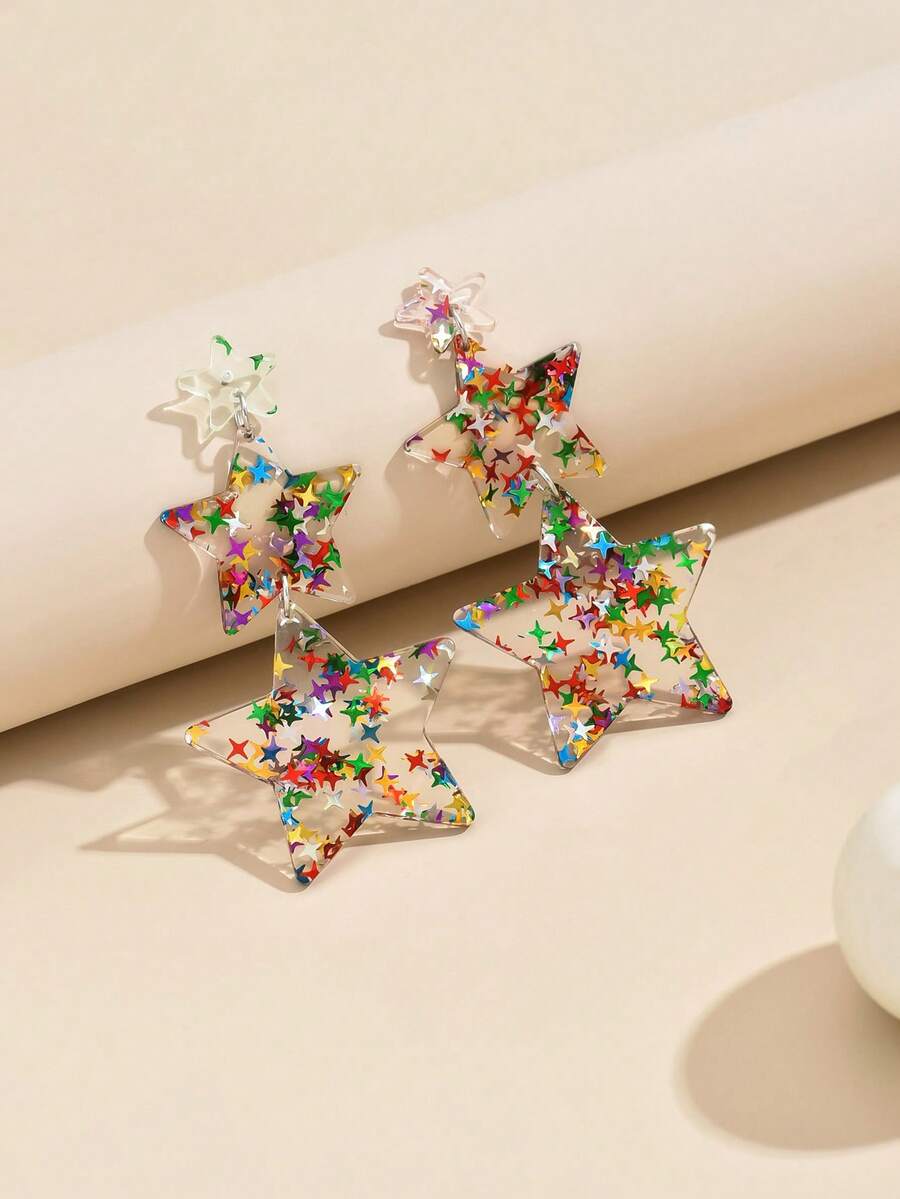 1pair New Arrival Transparent Blue 3-Layered & Pentagram Shaped Stud Earrings For Women, Valentine's Day Gift - Blue - View 1