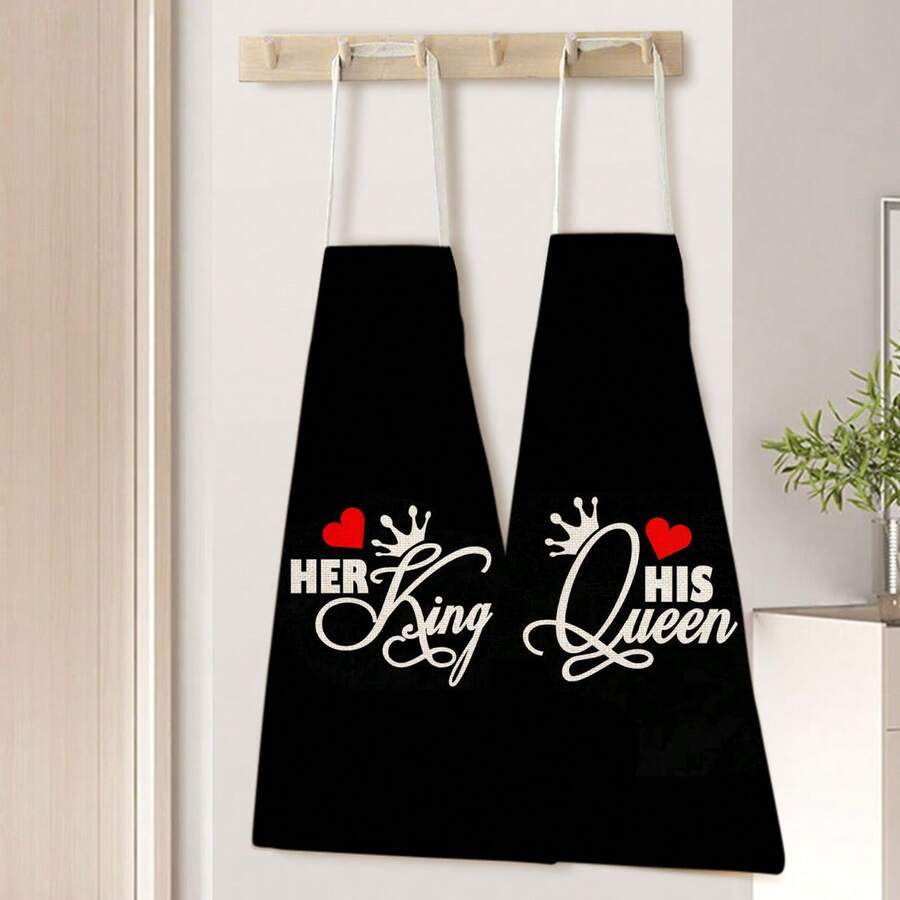 1件黑色情侶廚師圍裙,印有“his Queen, Her King”字樣,亞麻厨房防油圍裙 - 黑色 - 查看 1