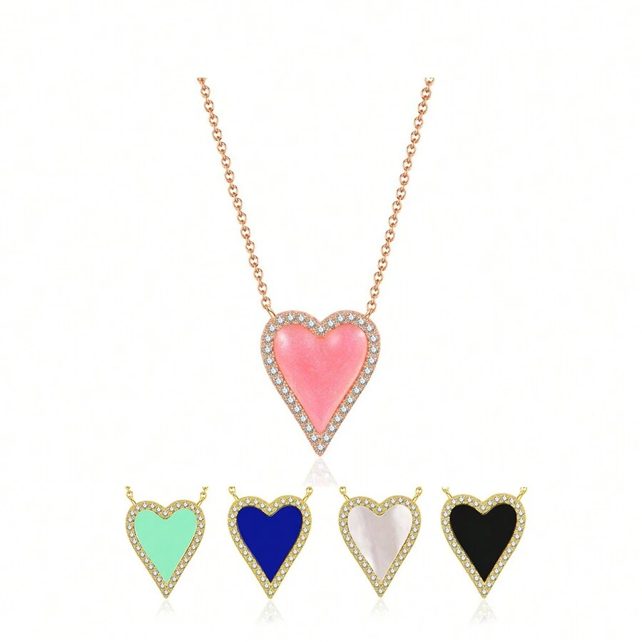Moonmory One Piece 925 Sterling Silver Drop Heart Enamel Pendant Necklace For Women Synthetic Resins Shell Pave Outline Stone 50Cm - Heart Pendant Necklace - View 1