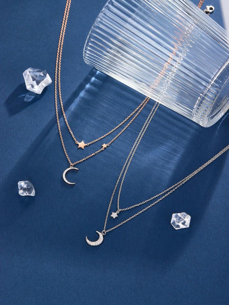 A 925 Silver Star Moon Double Necklace Sweet Glitter Niche Clavicle Chain Elegant Pendant Jewelry For Women - Pink - View 1