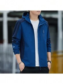 Men's Colorblock Outdoor Windproof & Waterproof Sport Jacket With Hood - Royal Blue - View 5