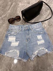 Women Denim Shorts - 淺色水洗藍 - 查看 2