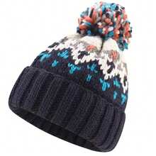 女士无檐便帽 冬季保暖翻边针织帽 带绒球滑雪帽 可作为礼物 - 藏蓝色 - 查看 4