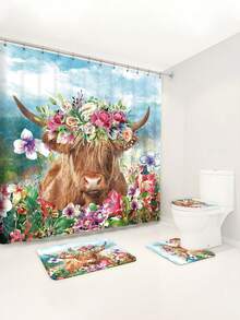 1入組/4入組有趣的花園高地牛主題多功能浴室淋浴窗簾(12掛勾),防滑洗手間地墊,u型地墊和圓形廁所墊浴室套裝,適用於各種場景 - 彩色 - 查看 5