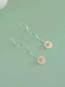 1pair Fashionable Simple Sunflower & Daisy Flower Ear Threader Earrings, Gift For Festival & Parties, Luxury Daily Wear, Retro Look, High-End Silver Jewelry - Silver - View 5