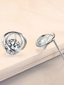 1 對時尚 925 純銀方晶鋯石耳釘,適合女士日常佩戴 - 銀色 - 查看 2