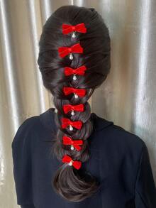 2/10pcs/Bag Sweet Red Velvet Bow & Pearl Decor Hairpins For Daily Wear, Festivals, Dates, Parties, Gatherings And Hair Styling - Red - View 9