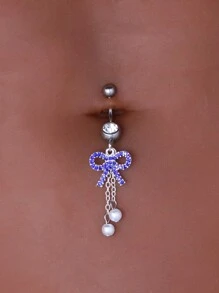 Anneau De Nombril En Acier Inoxydable Décoré D'un Nœud Papillon Scintillant En Strass Et De Fausses Perles