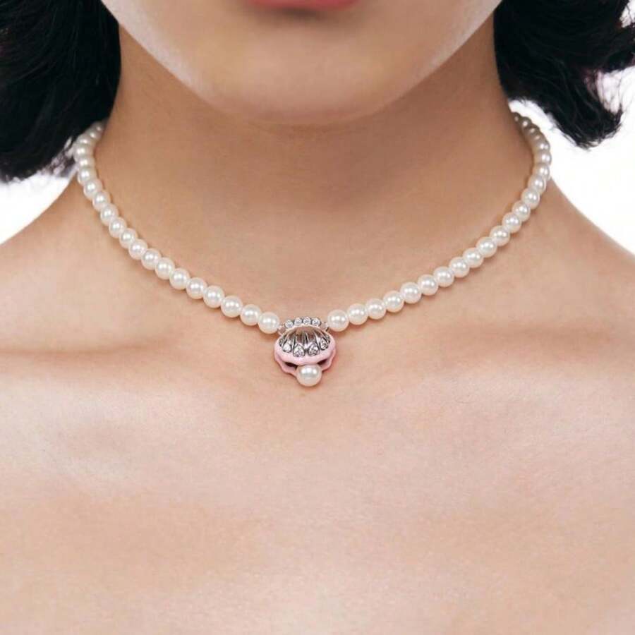Shell & Pearl Necklace, Pink, Cute, Girlish, Versatile, Luxury, Niche, Original Design, Inlaid With - Pink - View 1