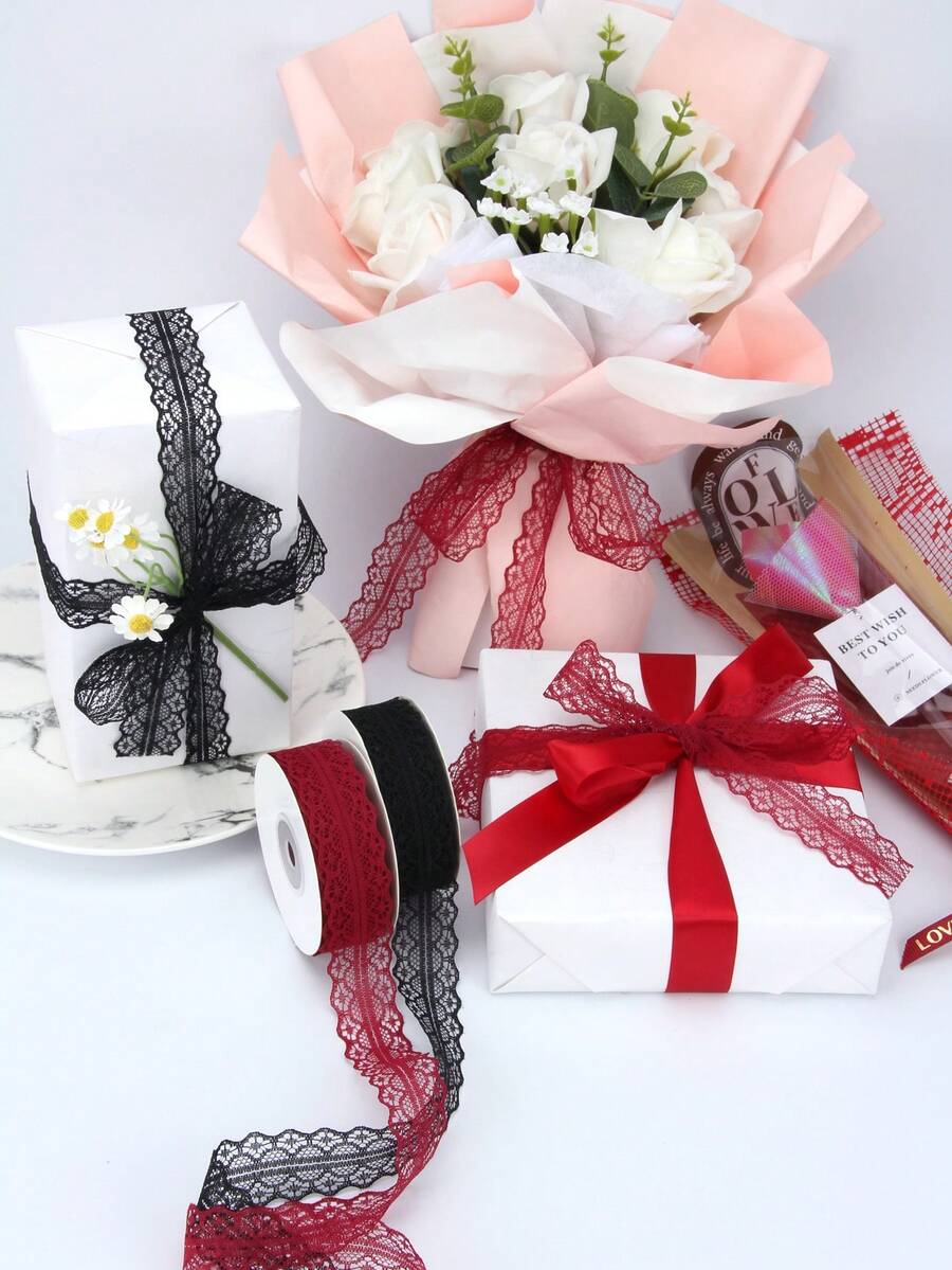 1roll 22m Lace Edged Ribbon For Valentine'S Day Floral Wrapping, Festival Gift Packing, Cake, Party Decoration With Bowknot - Burgundy - View 1