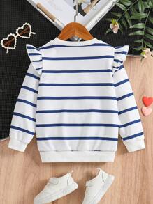 Young Girl Heart Printed Round Neck Knitted Sweatshirt With Ruffle Trimmed Long Sleeve - Blue and White - View 2