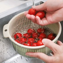 北歐風格雙層排水瀝水籃塑料瀝水漏斗蔬菜水果籃子多功能洗米器,一件裝 - 綠色 - 查看 11