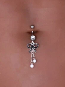 Anneau De Nombril En Acier Inoxydable Décoré D'un Nœud Papillon Scintillant En Strass Et De Fausses Perles