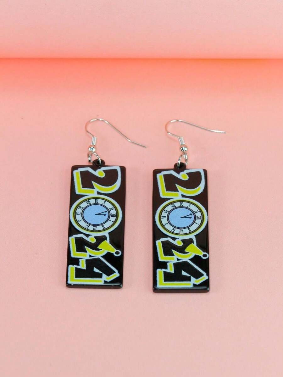 1對創意2024數字壓克力時尚節日禮物耳環 - 時鐘2024 - 查看 1