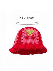 1入組女士櫻桃針織桶帽，中空手工設計，甜美可愛的荷邊邊緣貝雷帽 - 粉色 - 查看 7