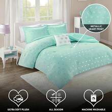 Rosalie Ultra-Soft Microlight Plush 3/4 Pieces Bedding Comforter Set With Metallic Heart Print,Brushed Reverse,Overfilled Down Alternative,And Hypoallergenic Fill,All-Season Home Textile For Twin-Twin XL-Full-Queen Size Fits Youth Bedroom Decor,New Year Holiday Gifts - Mint Blue - View 3