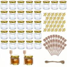 20/30 piezas Tarros de miel mini, tarros de vidrio hexagonales pequeños de miel con tapas doradas, cucharillas de madera, dijes de abeja y yutes, tarros de miel pequeños, herramienta útil, artículos de cocina, regalo de Navidad - Dorado - Ver 9