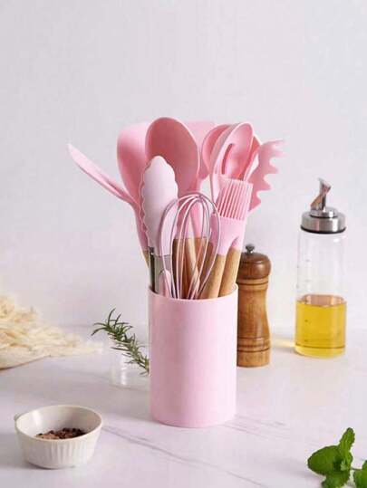 12 utensilios de cocina con cubos cubos de almacenamiento de mango de madera herramientas de cocina antideslizantes cucharas de silicona