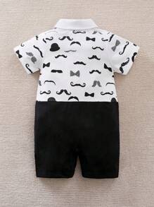 Yierying Infant Boys' Short-Sleeved Two-In-One Romper With Black Mustache Print And Bow Tie Design, Suitable For Spring/Summer Seasons