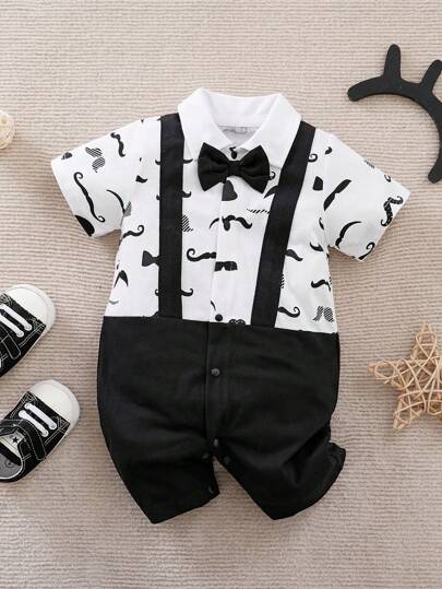 Yierying Infant Boys' Short-Sleeved Two-In-One Romper With Black Mustache Print And Bow Tie Design, Suitable For Spring/Summer Seasons