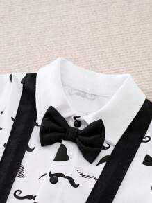 Yierying Infant Boys' Short-Sleeved Two-In-One Romper With Black Mustache Print And Bow Tie Design, Suitable For Spring/Summer Seasons